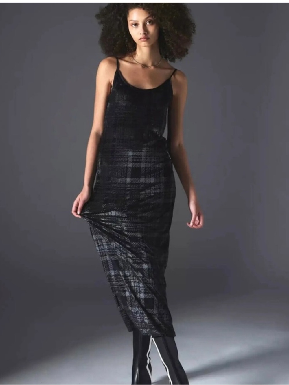 SILENCE + NOISE Plaid Black Maxi Dress
